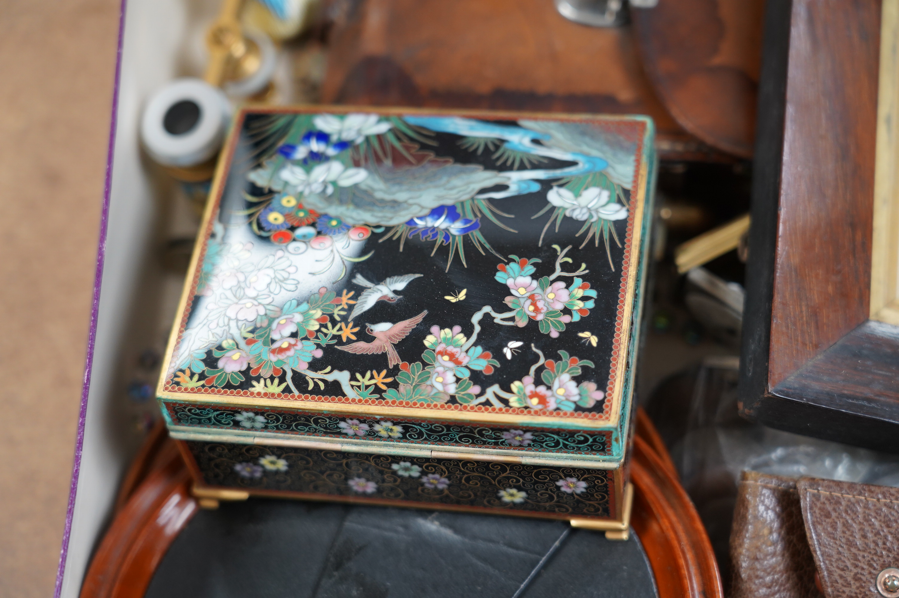 A Japanese cloisonné enamel cigarette box, early 20th century, a leather cased 1930's camera, a pair of enamelled opera glasses etc. condition - fair